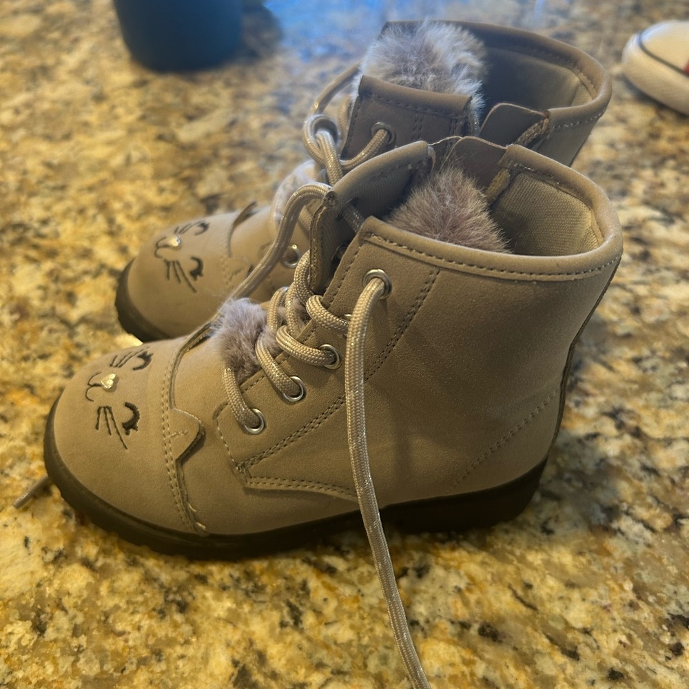 Kids Gray Boots with Cat Design